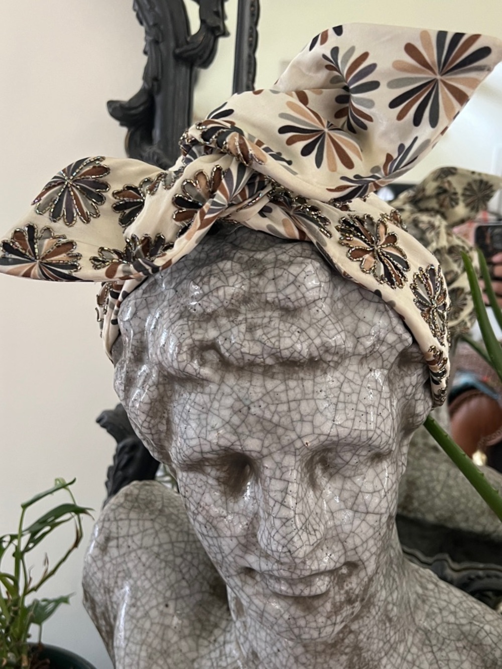 Deepa Gurnani Ivory Neutrals Silk Wire Edge Flower Beaded Wide Hair Head Wrap